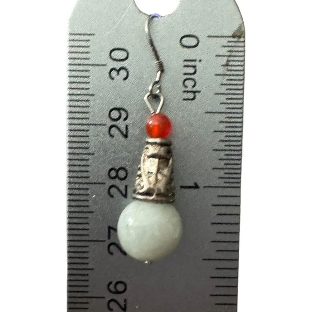 Vintage 925 Sterling Silver Dangle Earrings With Carnelian & Jade Beads Morocco - Picture 12 of 12
